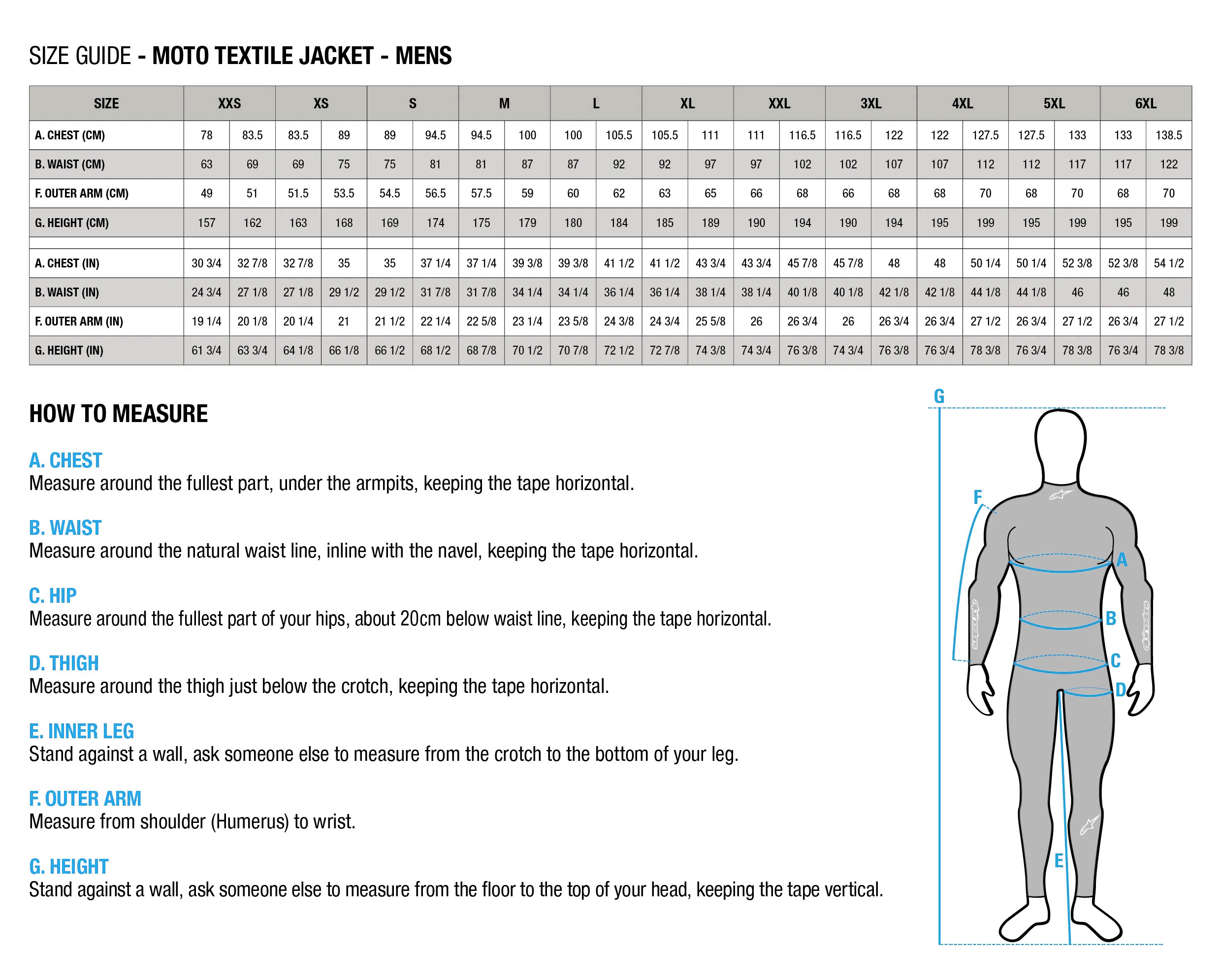 ALPINESTARS Jacket Size Guide size guide